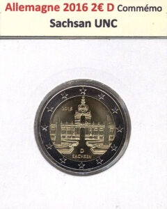 Le recto de la pièce de 2 euros commémorative d'Allemagne 2016 (Saxe) affiche la valeur nominale "2 EURO", une carte de l'Europe avec les frontières de l'UE, les douze étoiles de l'UE, et l'inscription "D" pour Deutschland. En état UNC, elle est neuve et non circulée.