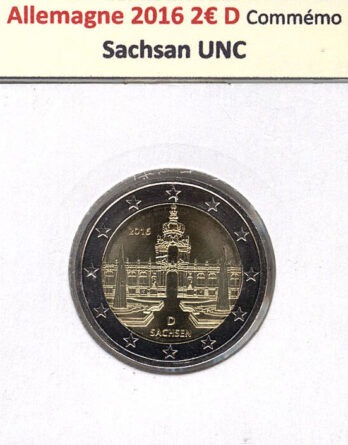 Le recto de la pièce de 2 euros commémorative d'Allemagne 2016 (Saxe) affiche la valeur nominale "2 EURO", une carte de l'Europe avec les frontières de l'UE, les douze étoiles de l'UE, et l'inscription "D" pour Deutschland. En état UNC, elle est neuve et non circulée.