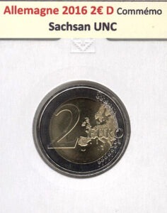 La pièce de 2 euros commémorative d'Allemagne 2016 (Saxe) présente la Cathédrale de Meissen sur son revers. Elle inclut l'inscription "SACHSEN", la lettre "E" pour l'atelier de frappe, "2016", et les étoiles de l'UE. En état UNC, elle est neuve et non circulée.