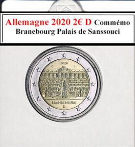 La collection d'euros d'Allemagne inclut la pièce commémorative de 2€ de 2020 (D) dédiée au Brandebourg. Elle représente le Palais de Sanssouci, illustrant le riche patrimoine culturel de la région. Cette série annuelle honore les États fédérés allemands avec des monuments emblématiques