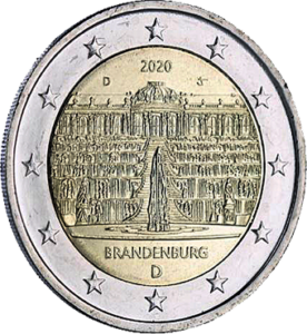La collection d'euros d'Allemagne inclut la pièce commémorative de 2€ de 2020 (D) dédiée au Brandebourg. Elle représente le Palais de Sanssouci, illustrant le riche patrimoine culturel de la région. Cette série annuelle honore les États fédérés allemands avec des monuments emblématiques