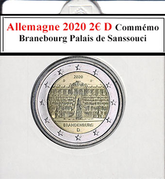 La collection d'euros d'Allemagne inclut la pièce commémorative de 2€ de 2020 (D) dédiée au Brandebourg. Elle représente le Palais de Sanssouci, illustrant le riche patrimoine culturel de la région. Cette série annuelle honore les États fédérés allemands avec des monuments emblématiques