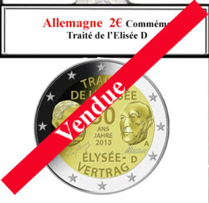 pièce 2 euros rares. La pièce allemande de 2 euros commémorative de 2011 célèbre le Traité de l'Élysée de 1963. Elle montre les portraits de Charles de Gaulle et Konrad Adenauer avec leurs signatures en dessous. L'inscription "50 ANS TRAITÉ DE L'ÉLYSÉE" marque l'amitié franco-allemande, symbolisant la réconciliation et la coopération en Europe.