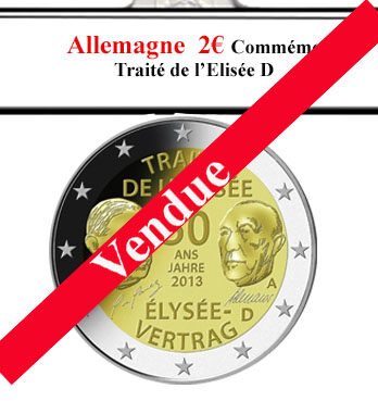 pièce 2 euros rares. La pièce allemande de 2 euros commémorative de 2011 célèbre le Traité de l'Élysée de 1963. Elle montre les portraits de Charles de Gaulle et Konrad Adenauer avec leurs signatures en dessous. L'inscription "50 ANS TRAITÉ DE L'ÉLYSÉE" marque l'amitié franco-allemande, symbolisant la réconciliation et la coopération en Europe.