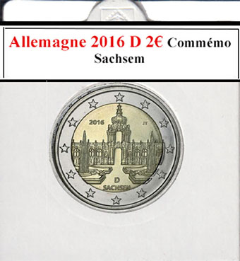 La collection d'euros d'Allemagne inclut la pièce commémorative de 2€ de 2016 dédiée à la Saxe (Sachsen). Elle représente le Palais du Zwinger, un joyau architectural de Dresde, valorisant ainsi le patrimoine culturel de cette région dans une série annuelle de pièces consacrées aux États fédérés allemands.