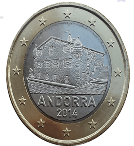 Le verso de la pièce neuve de 1 euro d'Andorre 2014 montre l'aigle de saint Jean, symbole de l'évangéliste, entouré de l'inscription "ANDORRA" et l'année "2014". Les douze étoiles de l'Union Européenne entourent le design. En parfait état de collection, non circulée