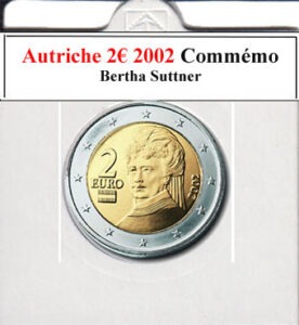 La pièce commémorative autrichienne de 2 euros de 2002 célèbre Bertha von Suttner, première femme lauréate du prix Nobel de la paix. Son effigie est au centre, entourée de l'inscription "Bertha von Suttner" et de symboles de paix. Elle symbolise l'engagement autrichien en faveur de la paix et des droits humains.