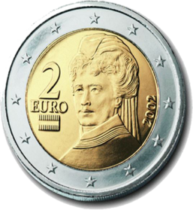 La pièce autrichienne de 2 euros commémorative de 2012 honore Bertha von Suttner, première femme lauréate du prix Nobel de la paix. Elle montre son portrait entouré d'étoiles et de l'inscription "Bertha von Suttner". Émise en 2012, elle célèbre son rôle crucial dans la promotion de la paix mondiale.