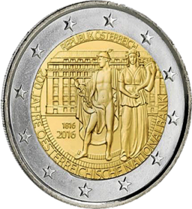 La pièce autrichienne de 2 euros de 2016 commémore le 200e anniversaire de la fondation de la Banque nationale autrichienne. Elle présente un portrait classique de l'impératrice Marie-Thérèse, symbolisant la stabilité financière et l'histoire économique du pays. L'inscription "Republik Österreich" entoure l'image, reflétant l'importance nationale de cet événement.