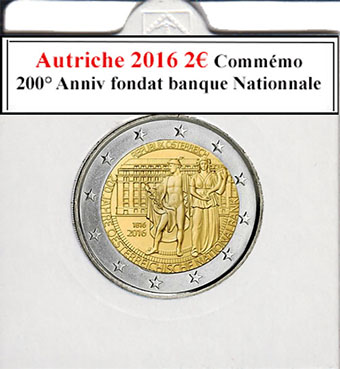 La pièce autrichienne de 2 euros de 2016 commémore le 200e anniversaire de la fondation de la Banque nationale autrichienne. Elle présente un portrait classique de l'impératrice Marie-Thérèse, symbolisant la stabilité financière et l'histoire économique du pays. L'inscription "Republik Österreich" entoure l'image, reflétant l'importance nationale de cet événement.