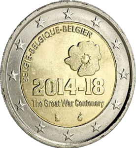 La collection d'euros de Belgique comprend une pièce commémorative de 2€ de 2014, marquant le centenaire de la Première Guerre mondiale (1914-1918). Cette édition spéciale rend hommage aux victimes et héros de la guerre, symbolisant la mémoire collective et l'importance historique de cet événement mondial.