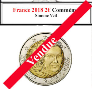 La pièce française de 2 euros commémorative de 2018 rend hommage à Simone Veil, figure emblématique de la lutte pour les droits des femmes et de la mémoire de l'Holocauste. Neuve et éclatante, elle symbolise l'engagement de la France envers l'égalité et la justice.