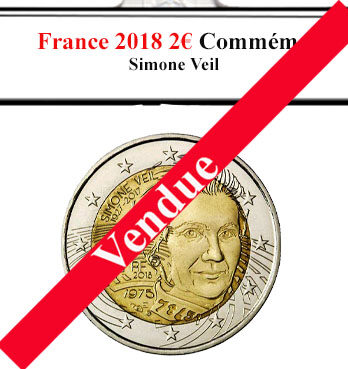 La pièce française de 2 euros commémorative de 2018 rend hommage à Simone Veil, figure emblématique de la lutte pour les droits des femmes et de la mémoire de l'Holocauste. Neuve et éclatante, elle symbolise l'engagement de la France envers l'égalité et la justice.
